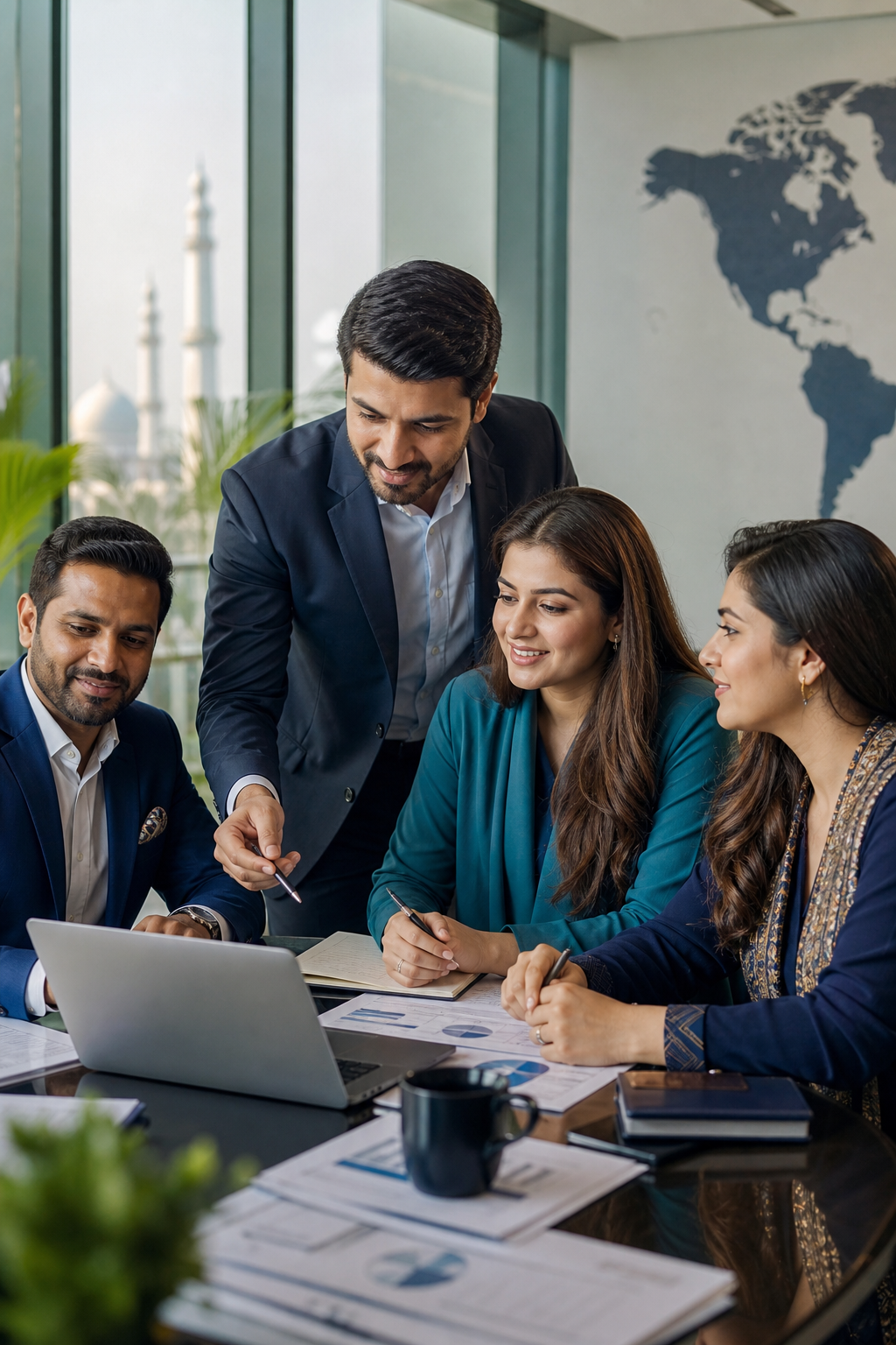 Pakistani business leaders collaborating in a modern office